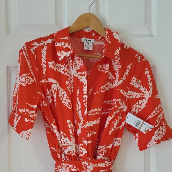 DKNY Darker Orange and White Midi Dress With Tie Lightweight 3 Button New - Picture 6 of 14